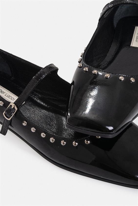 Kadın Tokalı Düz Babet Ayakkabı - Siyah Rugan