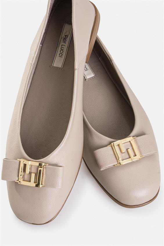 Kadın Tokalı Düz Babet Ayakkabı - Vizon Deri