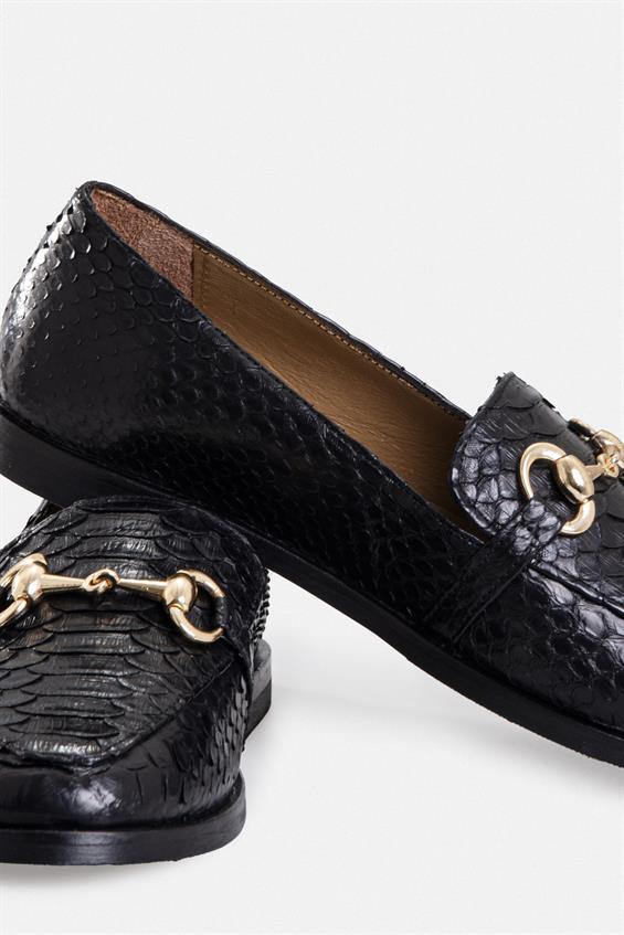 Kadın Tokalı Loafer Babet Ayakkabı - Siyah Yılan Derisi