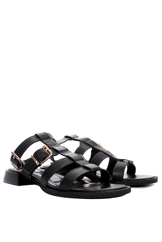 Kadın Günlük Düz Sandalet - Siyah Deri