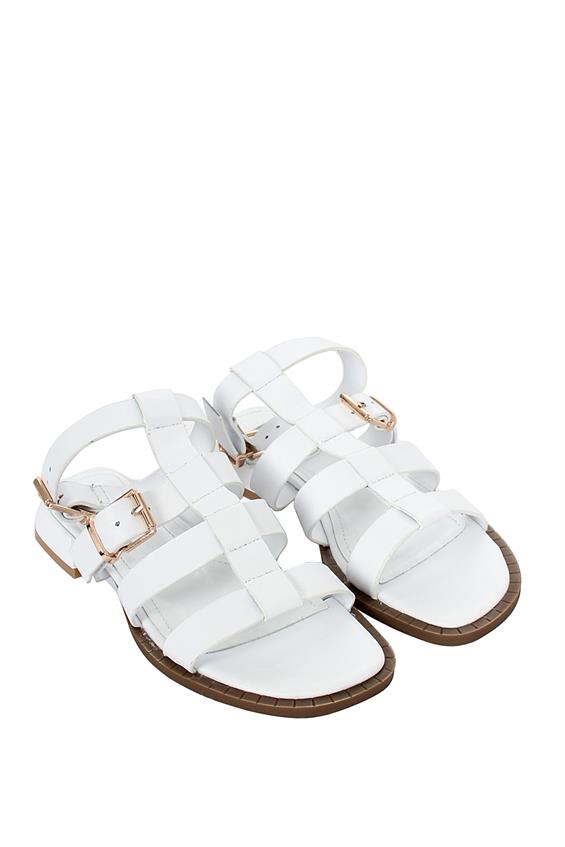Kadın Günlük Düz Sandalet - Beyaz Deri