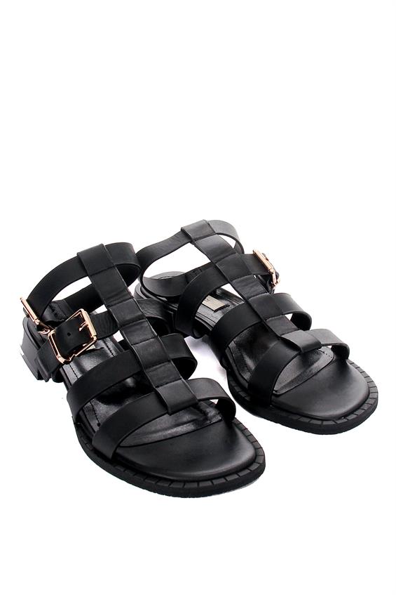 Kadın Günlük Düz Sandalet - Siyah Deri