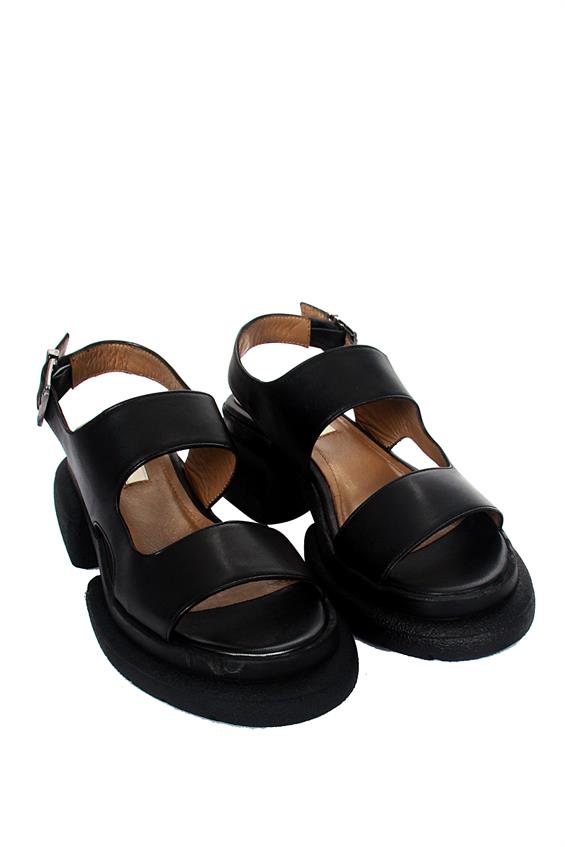 Kadın Kalın Tabanlı Günlük Sandalet - Siyah Deri