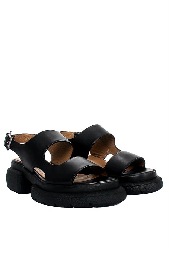 Kadın Kalın Tabanlı Günlük Sandalet - Siyah Deri