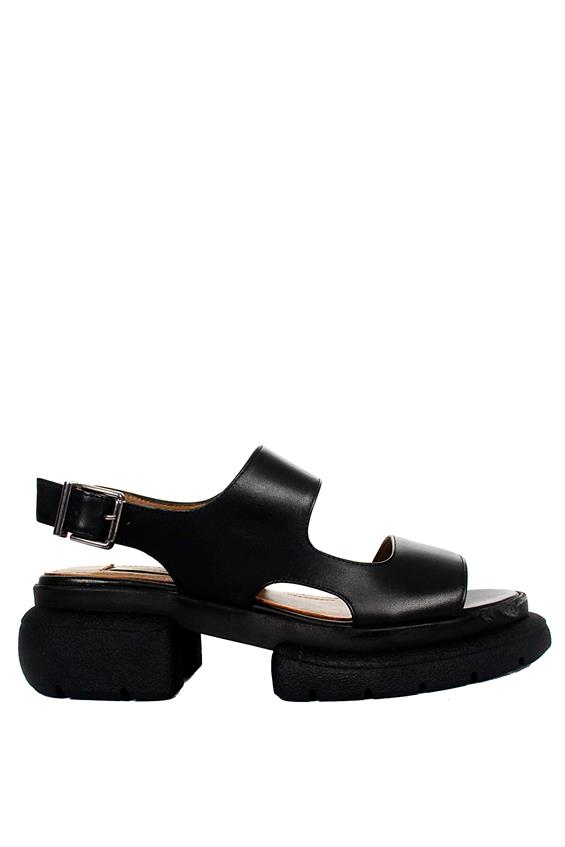 Kadın Kalın Tabanlı Günlük Sandalet - Siyah Deri