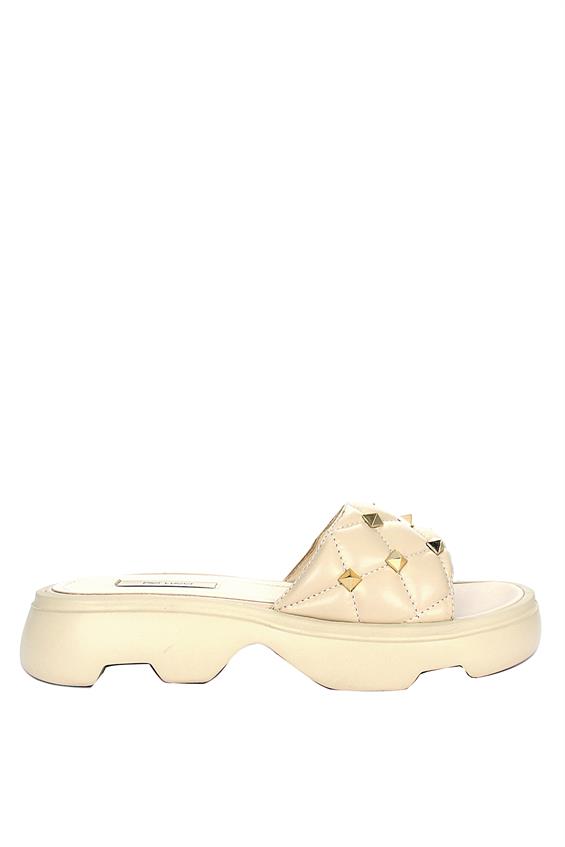 Kadın Günlük Düz Terlik-Bej Deri