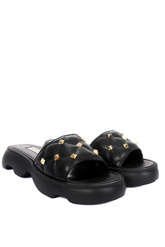 Kadın Günlük Düz Terlik-Siyah Deri