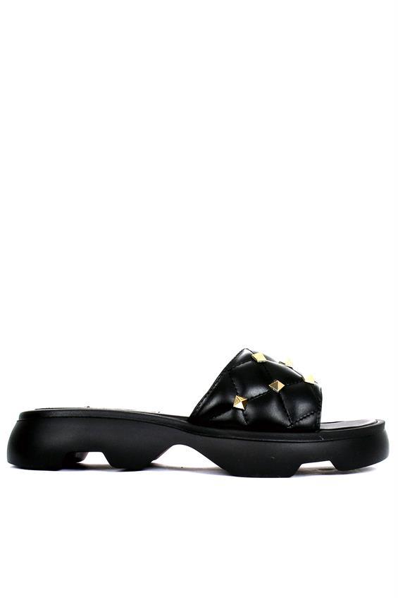 Kadın Günlük Düz Terlik-Siyah Deri