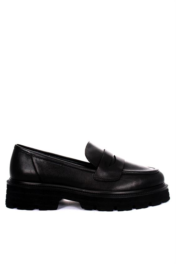 Kadın Babet Ayakkabı Loafer - Siyah Deri