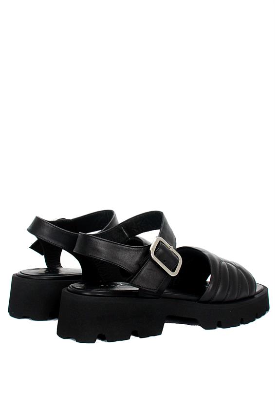 Kadın Kalın Tabanlı Günlük Sandalet - Siyah Deri