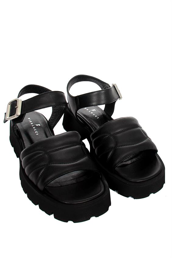 Kadın Kalın Tabanlı Günlük Sandalet - Siyah Deri