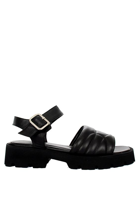 Kadın Kalın Tabanlı Günlük Sandalet - Siyah Deri