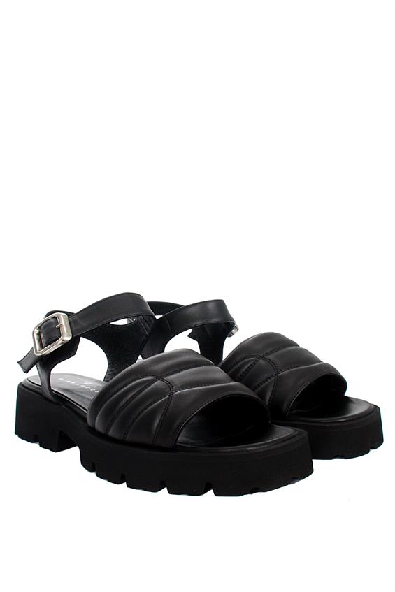Kadın Kalın Tabanlı Günlük Sandalet - Siyah Deri