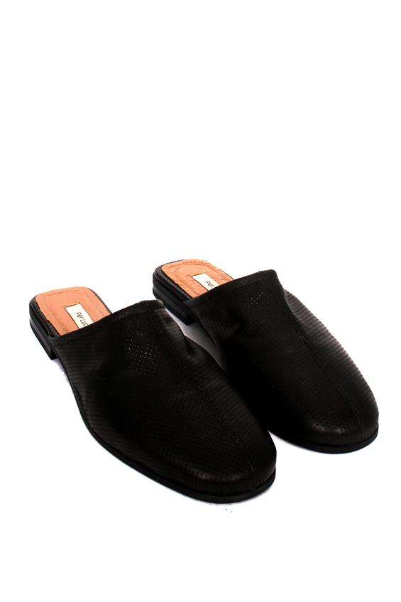 Kadın Günlük Düz Terlik-Siyah Deri Zımbalı