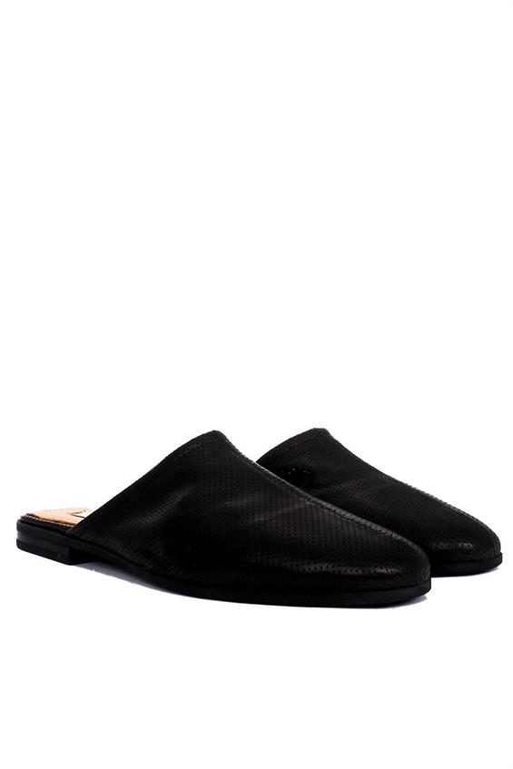 Kadın Günlük Düz Terlik-Siyah Deri Zımbalı