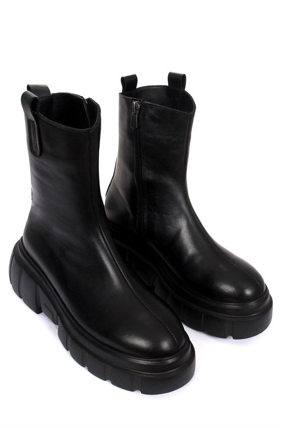 Kadın Kalın Tabanlı Günlük Bot - Siyah Deri