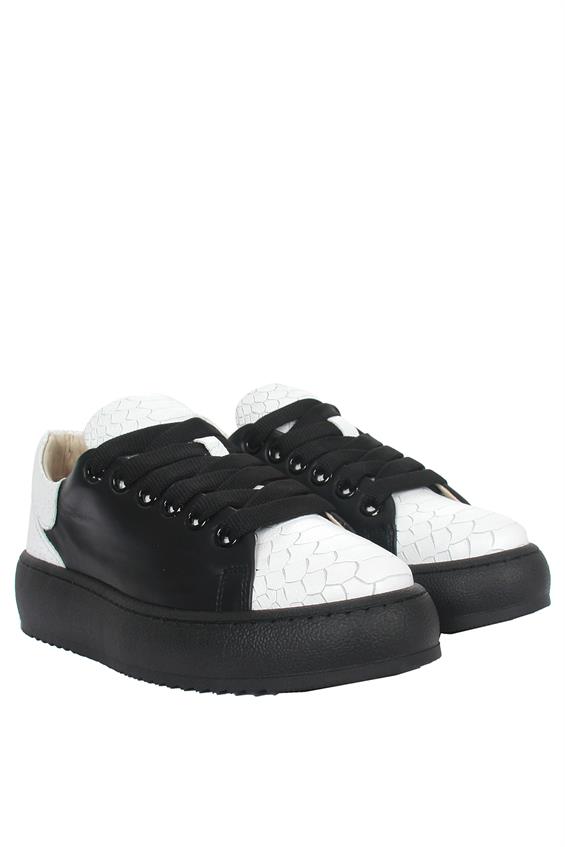 Kadın Sneakers Ayakkabı-Beyaz-Siyah Deri