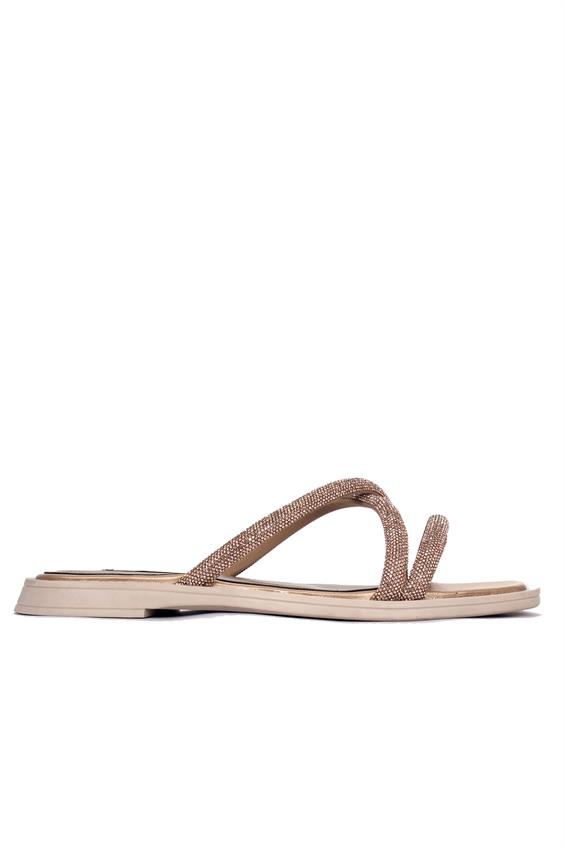 Kadın Günlük Düz Terlik-Altın Taşlı