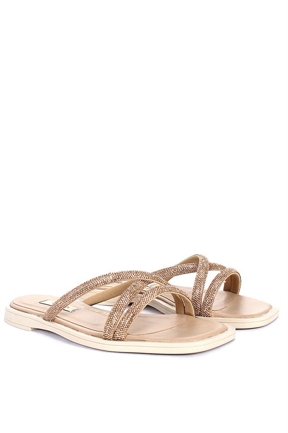 Kadın Günlük Düz Terlik-Bej Taşlı