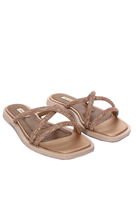 Kadın Günlük Düz Terlik-Altın Taşlı