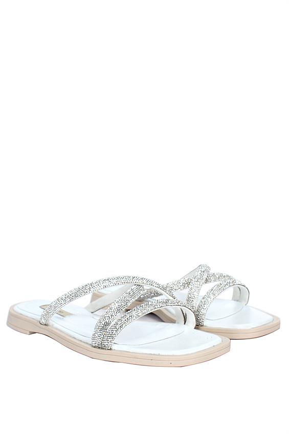 Kadın Günlük Düz Terlik-Beyaz Taşlı