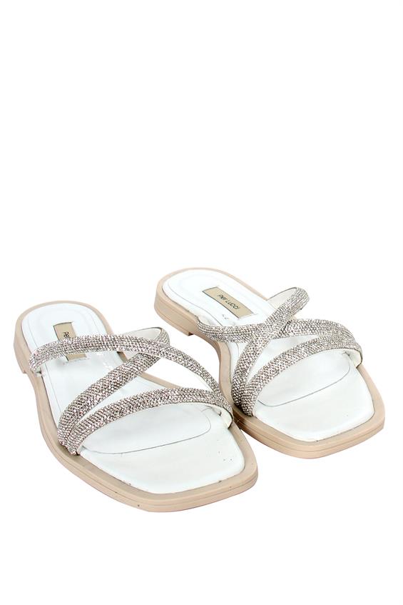 Kadın Günlük Düz Terlik-Beyaz Taşlı