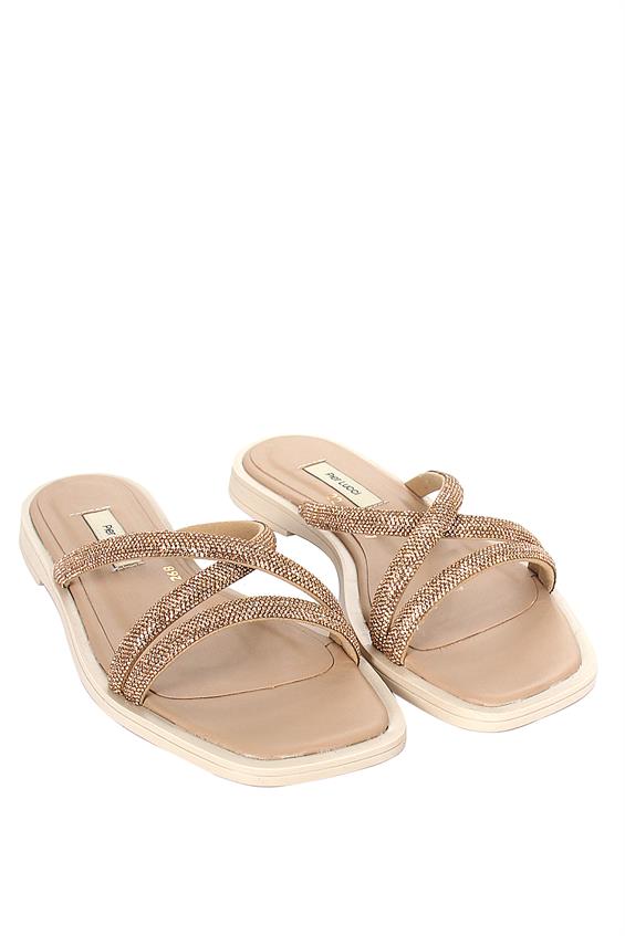 Kadın Günlük Düz Terlik-Bej Taşlı