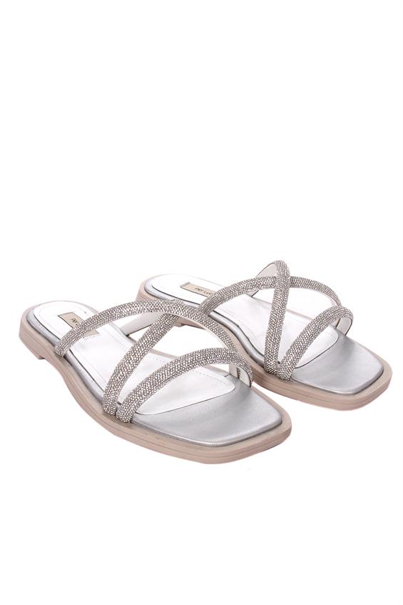 Kadın Günlük Düz Terlik-Gümüş Taşlı