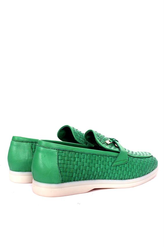 Kadın Babet Ayakkabı Loafer - Yeşil Deri