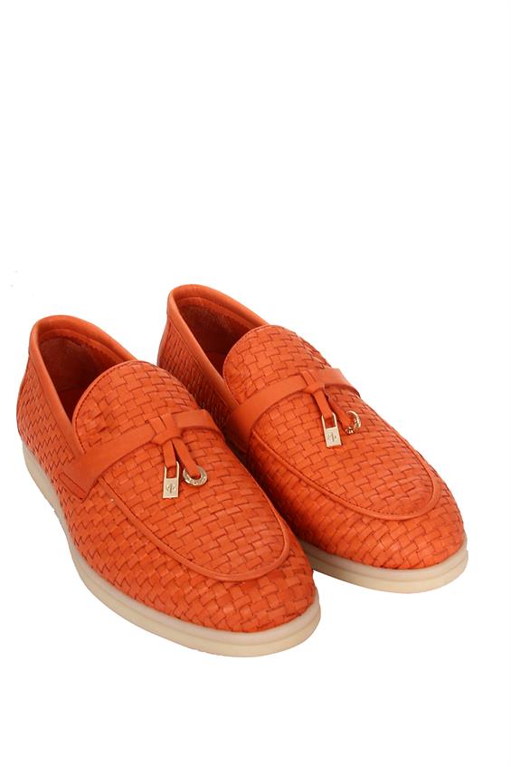 Kadın Babet Ayakkabı Loafer - Turuncu Deri