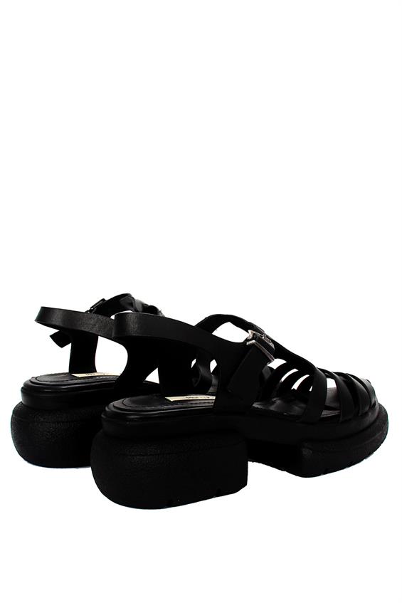 Kadın Kalın Tabanlı Sandalet - Siyah Deri