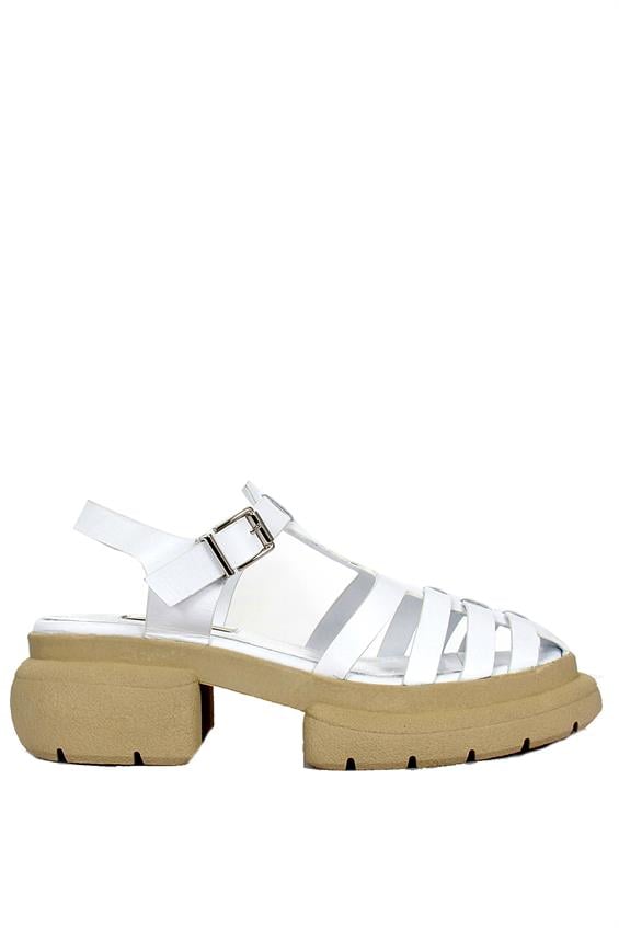 Kadın Kalın Tabanlı Sandalet - Beyaz Deri