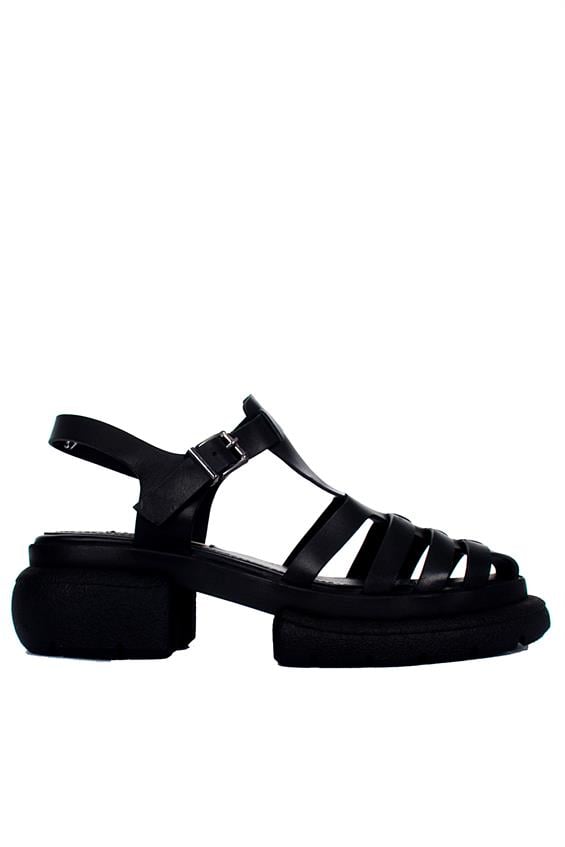 Kadın Kalın Tabanlı Sandalet - Siyah Deri