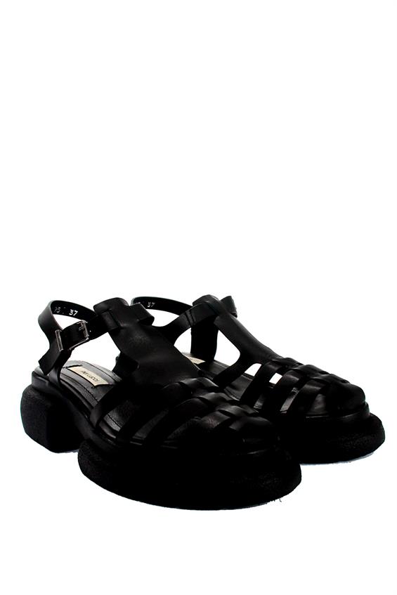 Kadın Kalın Tabanlı Sandalet - Siyah Deri