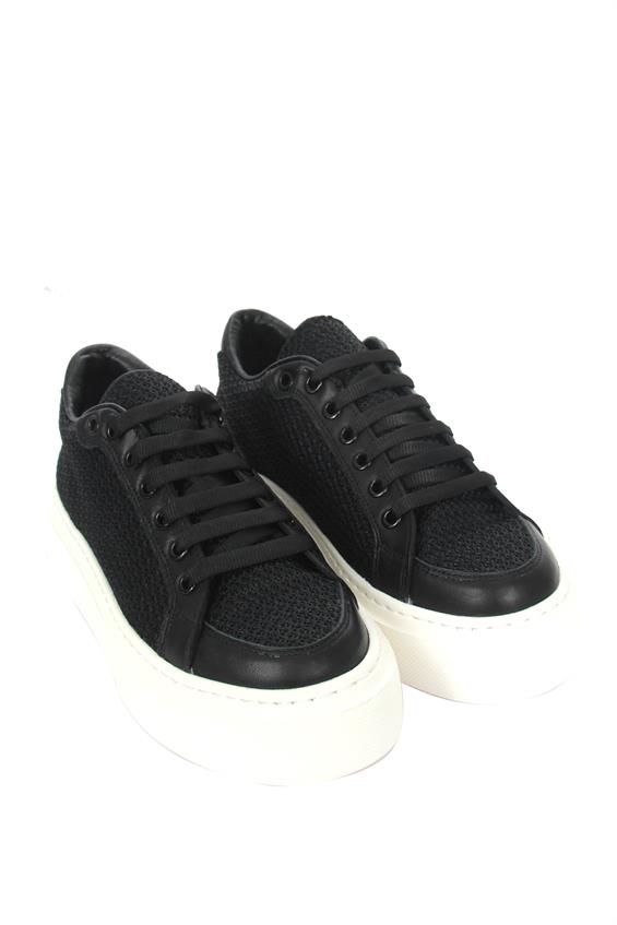 Kadın Sneakers Ayakkabı - Siyah Hasır - Siyah Deri