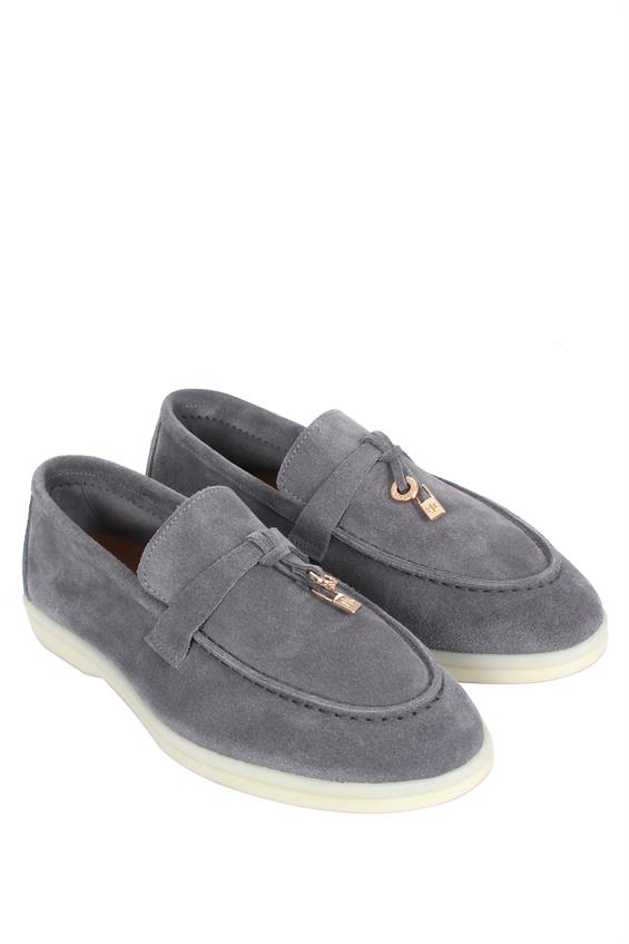 Kadın Babet Ayakkabı Loafer - Açık Gri Süet