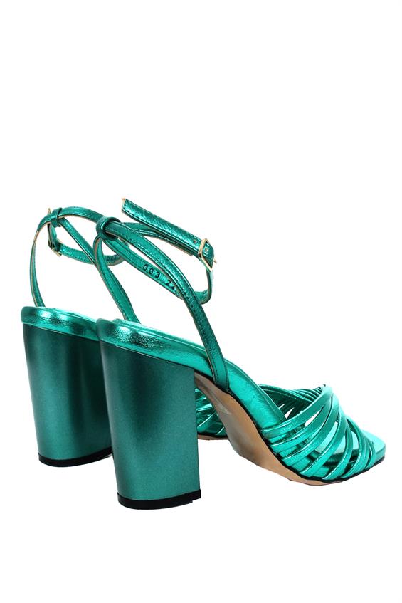 Kadın Kalın Topuklu Sandalet - Parlak Yeşil Deri