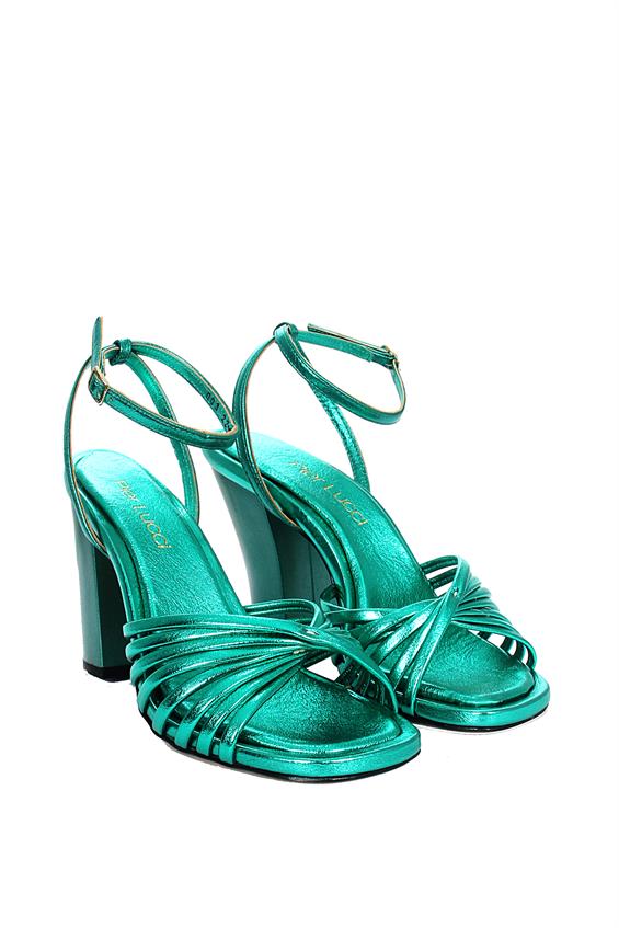Kadın Kalın Topuklu Sandalet - Parlak Yeşil Deri