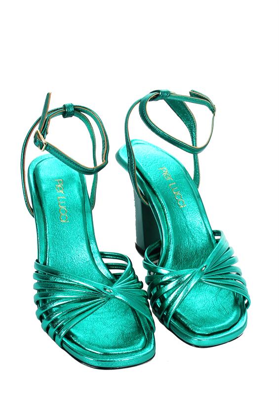 Kadın Kalın Topuklu Sandalet - Parlak Yeşil Deri