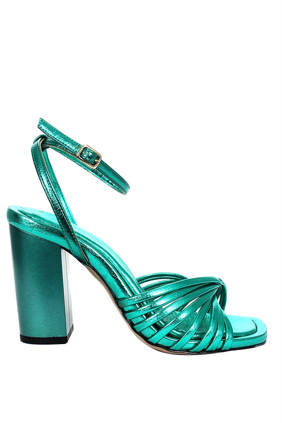 Kadın Kalın Topuklu Sandalet - Parlak Yeşil Deri