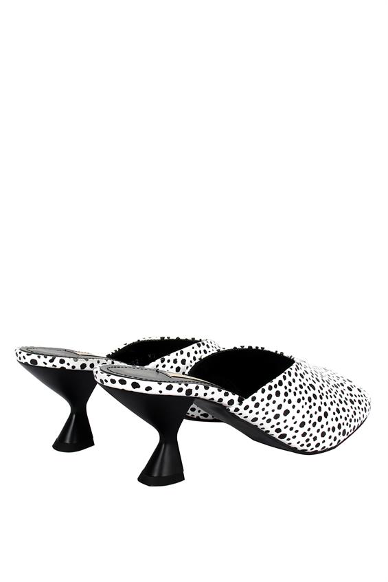 Kadın İnce Topuklu Terlik- Beyaz Siyah Deri