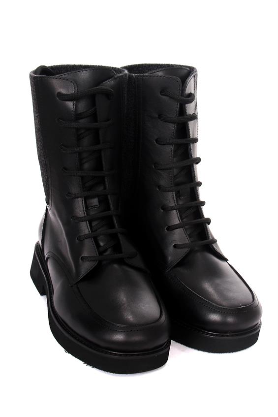 Kadın Postal Military Bot - Siyah Deri Kürk