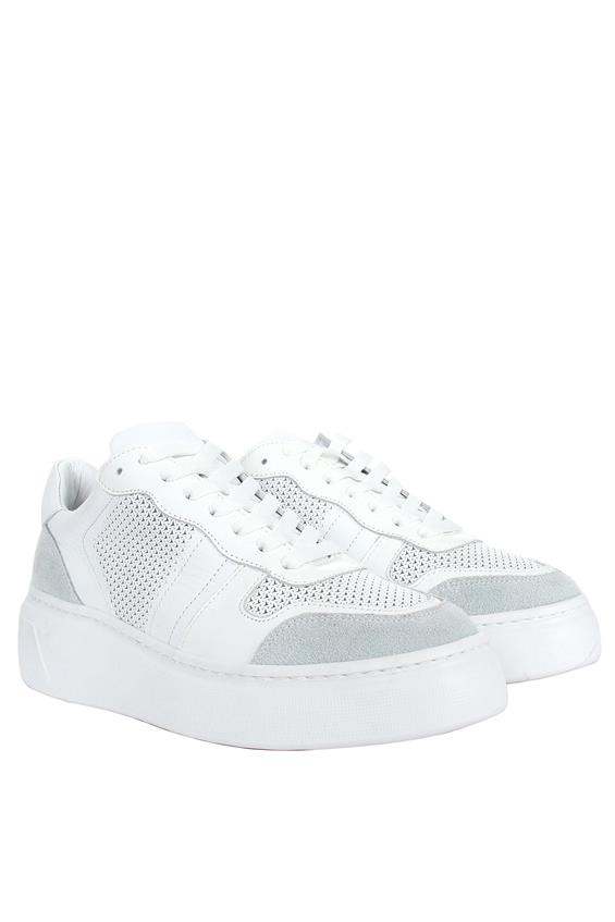 Kadın Sneakers Ayakkabı-Beyaz Deri-Gri Süet