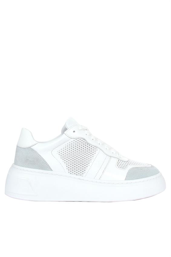 Kadın Sneakers Ayakkabı-Beyaz Deri-Gri Süet