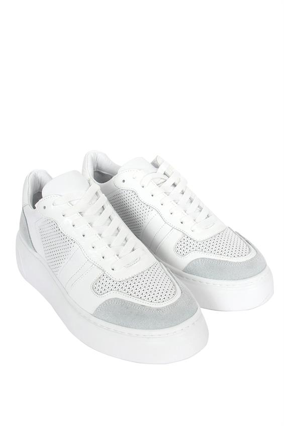 Kadın Sneakers Ayakkabı-Beyaz Deri-Gri Süet