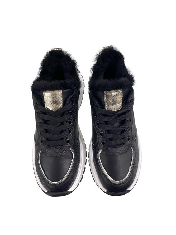 Kadın Spor Ayakkabı-Siyah Floter Deri-Kürk