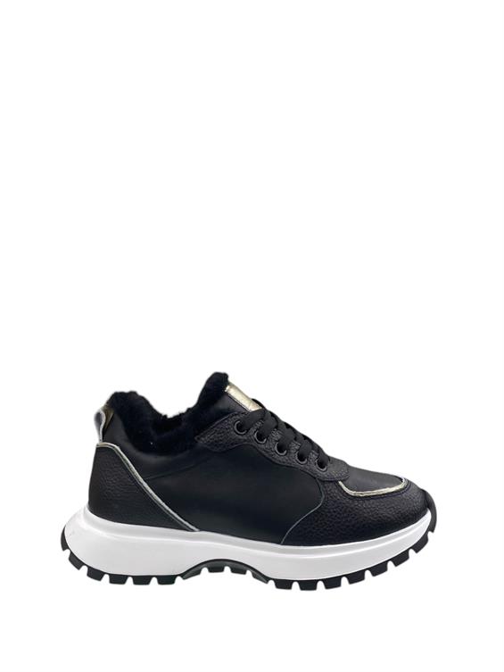 Kadın Spor Ayakkabı-Siyah Floter Deri-Kürk