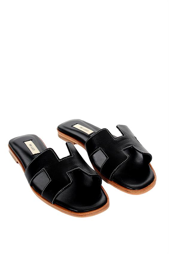 Kadın Günlük Düz Terlik-Siyah Deri