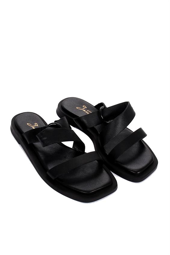 Kadın Günlük Düz Terlik-Siyah Deri