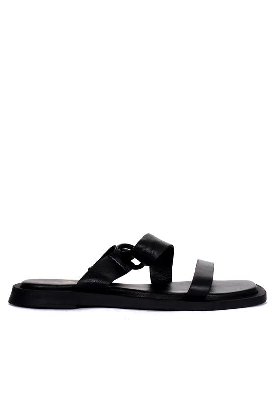 Kadın Günlük Düz Terlik-Siyah Deri